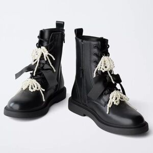 NWT Zara Kids Girls Pearl ANKLE BOOTS WITH BOWS DETAIL Black Size 3.5